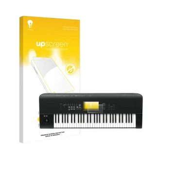 Parte frontal de un envase de producto con el logotipo de la marca upscreen. Al lado se muestra el dispositivo KORG Nautilus 6