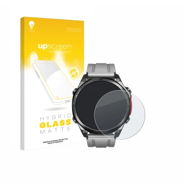 Parte frontal de un envase de producto con el logotipo de la marca upscreen. Al lado se muestra el dispositivo Doogee Anywise 