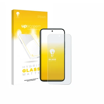 Parte frontal de un envase de producto con el logotipo de la marca upscreen. Al lado se muestra el dispositivo Honor X6c con s