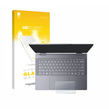 Parte frontal de un envase de producto con el logotipo de la marca upscreen. Al lado se muestra el dispositivo Lenovo IdeaPad 