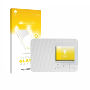 Parte frontal de un envase de producto con el logotipo de la marca upscreen. Al lado se muestra el dispositivo Canon Selphy CP