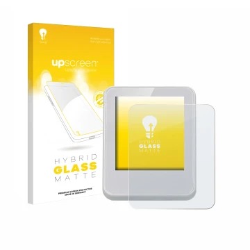 Parte frontal de un envase de producto con el logotipo de la marca upscreen. Al lado se muestra el dispositivo Bresser ClimaTe