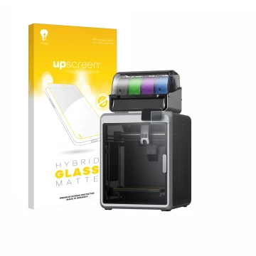 Parte frontal de un envase de producto con el logotipo de la marca upscreen. Al lado se muestra el dispositivo Creality K2 con