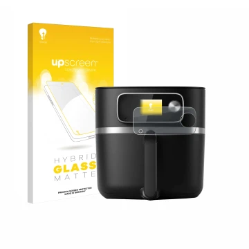 Parte frontal de un envase de producto con el logotipo de la marca upscreen. Al lado se muestra el dispositivo Philips Airfrye