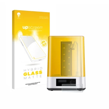 Parte frontal de un envase de producto con el logotipo de la marca upscreen. Al lado se muestra el dispositivo Anycubic Wash &