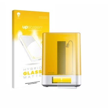 Parte frontal de un envase de producto con el logotipo de la marca upscreen. Al lado se muestra el dispositivo Anycubic Wash &