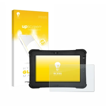 Parte frontal de un envase de producto con el logotipo de la marca upscreen. Al lado se muestra el dispositivo Zebra XSlate L1