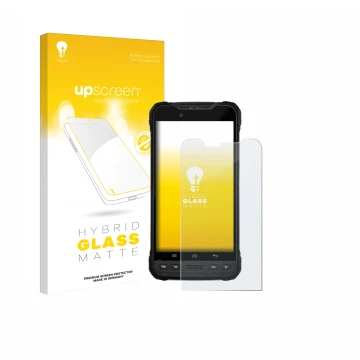 Parte frontal de un envase de producto con el logotipo de la marca upscreen. Al lado se muestra el dispositivo Zebra Xplore M6