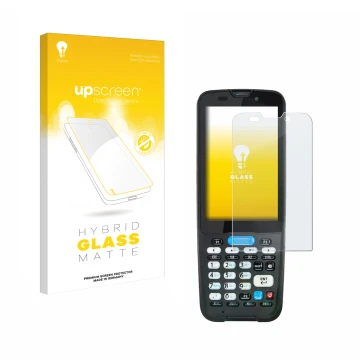 Parte frontal de un envase de producto con el logotipo de la marca upscreen. Al lado se muestra el dispositivo Unitech HT330 c