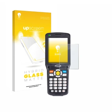 Parte frontal de un envase de producto con el logotipo de la marca upscreen. Al lado se muestra el dispositivo Unitech HT510 c
