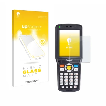 Parte frontal de un envase de producto con el logotipo de la marca upscreen. Al lado se muestra el dispositivo Unitech HT510A 