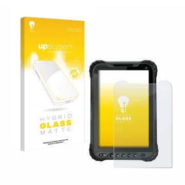 Parte frontal de un envase de producto con el logotipo de la marca upscreen. Al lado se muestra el dispositivo Unitech TB85 co