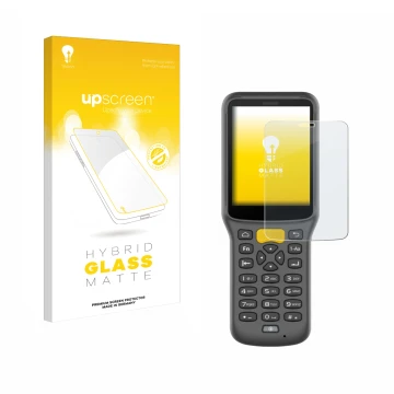 Parte frontal de un envase de producto con el logotipo de la marca upscreen. Al lado se muestra el dispositivo Newland MT37 Ba