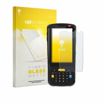 Parte frontal de un envase de producto con el logotipo de la marca upscreen. Al lado se muestra el dispositivo Newland MT65 Be