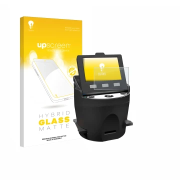 Parte frontal de un envase de producto con el logotipo de la marca upscreen. Al lado se muestra el dispositivo Kodak SCANZA co