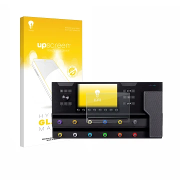 Parte frontal de un envase de producto con el logotipo de la marca upscreen. Al lado se muestra el dispositivo Line 6 Helix St