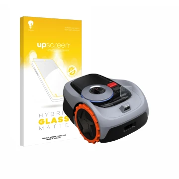 Parte frontal de un envase de producto con el logotipo de la marca upscreen. Al lado se muestra el dispositivo Navimow i105E+ 