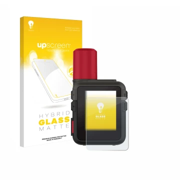Parte frontal de un envase de producto con el logotipo de la marca upscreen. Al lado se muestra el dispositivo Garmin inReach 