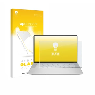 Parte frontal de un envase de producto con el logotipo de la marca upscreen. Al lado se muestra el dispositivo Dell 16 Premium