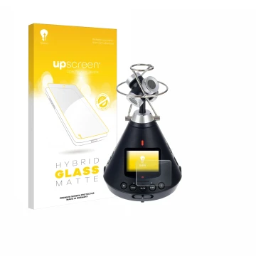 Parte frontal de un envase de producto con el logotipo de la marca upscreen. Al lado se muestra el dispositivo Zoom H3-VR con 