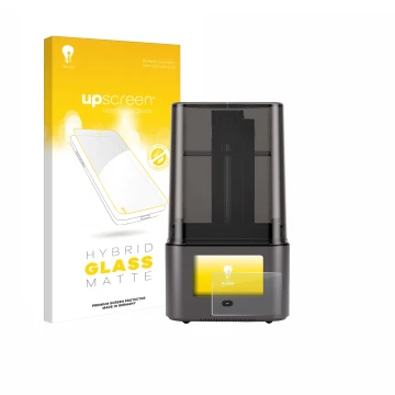 Parte frontal de un envase de producto con el logotipo de la marca upscreen. Al lado se muestra el dispositivo Anycubic Photon