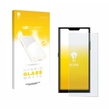 Parte frontal de un envase de producto con el logotipo de la marca upscreen. Al lado se muestra el dispositivo Jolla Phone con