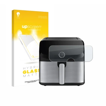 Parte frontal de un envase de producto con el logotipo de la marca upscreen. Al lado se muestra el dispositivo Tefal Easy Fry 