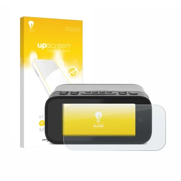 Parte frontal de un envase de producto con el logotipo de la marca upscreen. Al lado se muestra el dispositivo TechniSat Digit