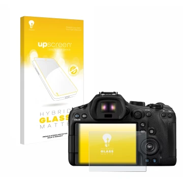 Parte frontal de un envase de producto con el logotipo de la marca upscreen. Al lado se muestra el dispositivo Canon EOS R6 Ma