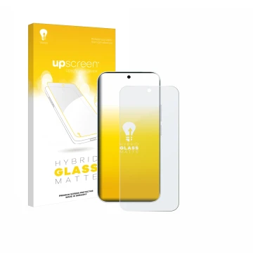 Parte frontal de un envase de producto con el logotipo de la marca upscreen. Al lado se muestra el dispositivo Vivo S50 con su