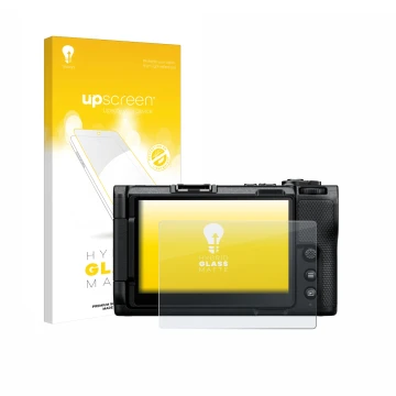 Parte frontal de un envase de producto con el logotipo de la marca upscreen. Al lado se muestra el dispositivo Nikon ZR 2025 c