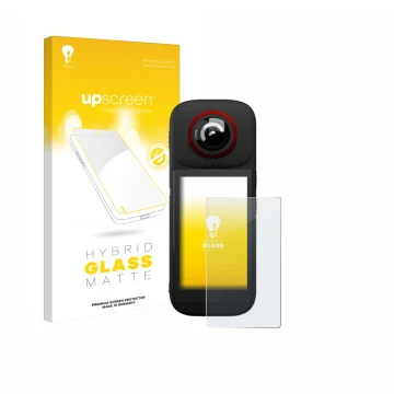 Parte frontal de un envase de producto con el logotipo de la marca upscreen. Al lado se muestra el dispositivo Labpano PanoX V