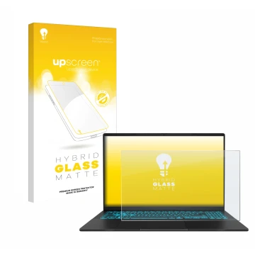 Parte frontal de un envase de producto con el logotipo de la marca upscreen. Al lado se muestra el dispositivo ASUS V16 V3607 