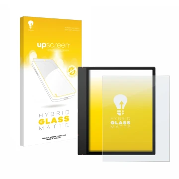 Parte frontal de un envase de producto con el logotipo de la marca upscreen. Al lado se muestra el dispositivo Boox Note Air 5