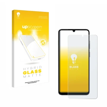 Parte frontal de un envase de producto con el logotipo de la marca upscreen. Al lado se muestra el dispositivo Honor X5c Plus 