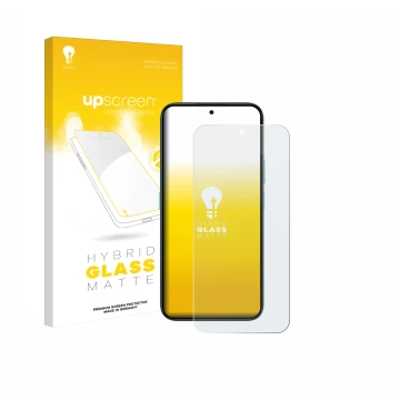 Parte frontal de un envase de producto con el logotipo de la marca upscreen. Al lado se muestra el dispositivo Honor Play 10C 