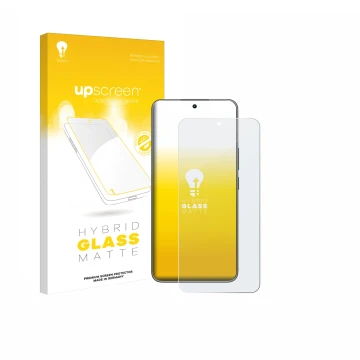 Parte frontal de un envase de producto con el logotipo de la marca upscreen. Al lado se muestra el dispositivo Honor X60 GT co