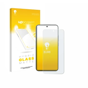 Parte frontal de un envase de producto con el logotipo de la marca upscreen. Al lado se muestra el dispositivo Oppo F31 con su