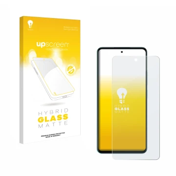 Parte frontal de un envase de producto con el logotipo de la marca upscreen. Al lado se muestra el dispositivo Oppo A5 con su 