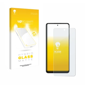 Parte frontal de un envase de producto con el logotipo de la marca upscreen. Al lado se muestra el dispositivo Oppo A5x con su