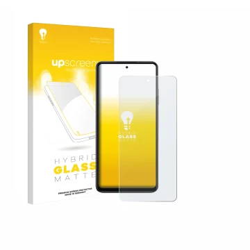 Parte frontal de un envase de producto con el logotipo de la marca upscreen. Al lado se muestra el dispositivo Oppo K13x con s