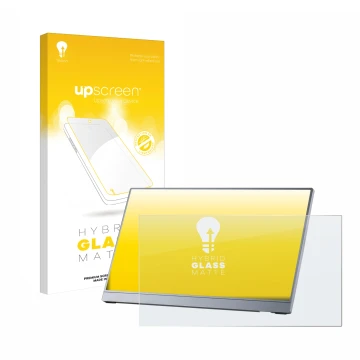 Parte frontal de un envase de producto con el logotipo de la marca upscreen. Al lado se muestra el dispositivo Arzopa Z3FC 16.