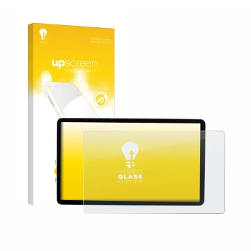 Parte frontal de un envase de producto con el logotipo de la marca upscreen. Al lado se muestra el dispositivo MG S5 EV 12.8