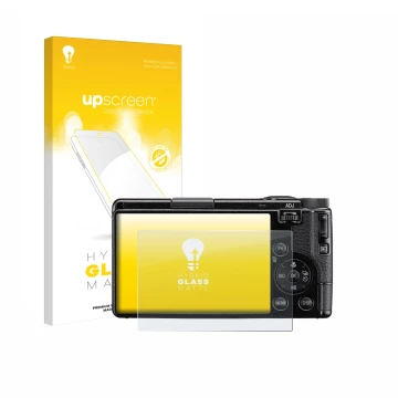 Parte frontal de un envase de producto con el logotipo de la marca upscreen. Al lado se muestra el dispositivo Ricoh GR IV HDF