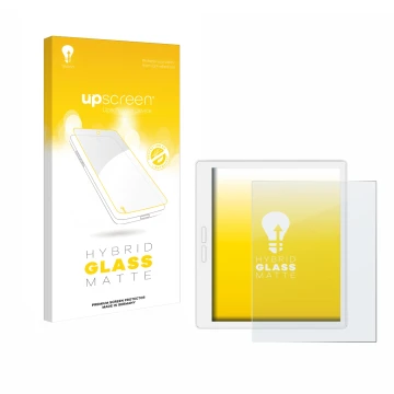 Parte frontal de un envase de producto con el logotipo de la marca upscreen. Al lado se muestra el dispositivo Bigme B751C-S c