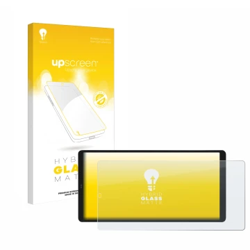 Parte frontal de un envase de producto con el logotipo de la marca upscreen. Al lado se muestra el dispositivo Shelly Wall Dis