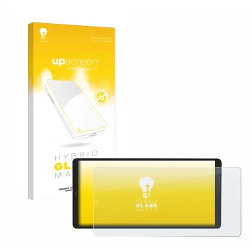 Parte frontal de un envase de producto con el logotipo de la marca upscreen. Al lado se muestra el dispositivo Shelly Wall Dis