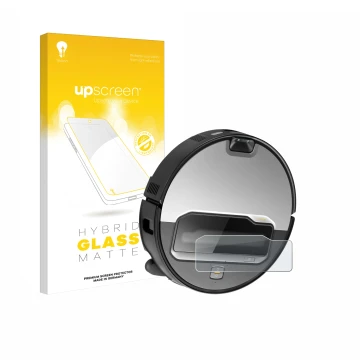 Parte frontal de un envase de producto con el logotipo de la marca upscreen. Al lado se muestra el dispositivo Roborock Saros 