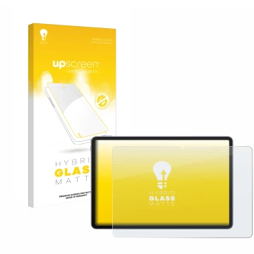 Parte frontal de un envase de producto con el logotipo de la marca upscreen. Al lado se muestra el dispositivo Huawei MatePad 