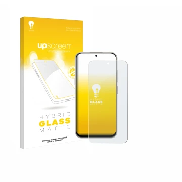 Parte frontal de un envase de producto con el logotipo de la marca upscreen. Al lado se muestra el dispositivo Nubia V80 Pro c